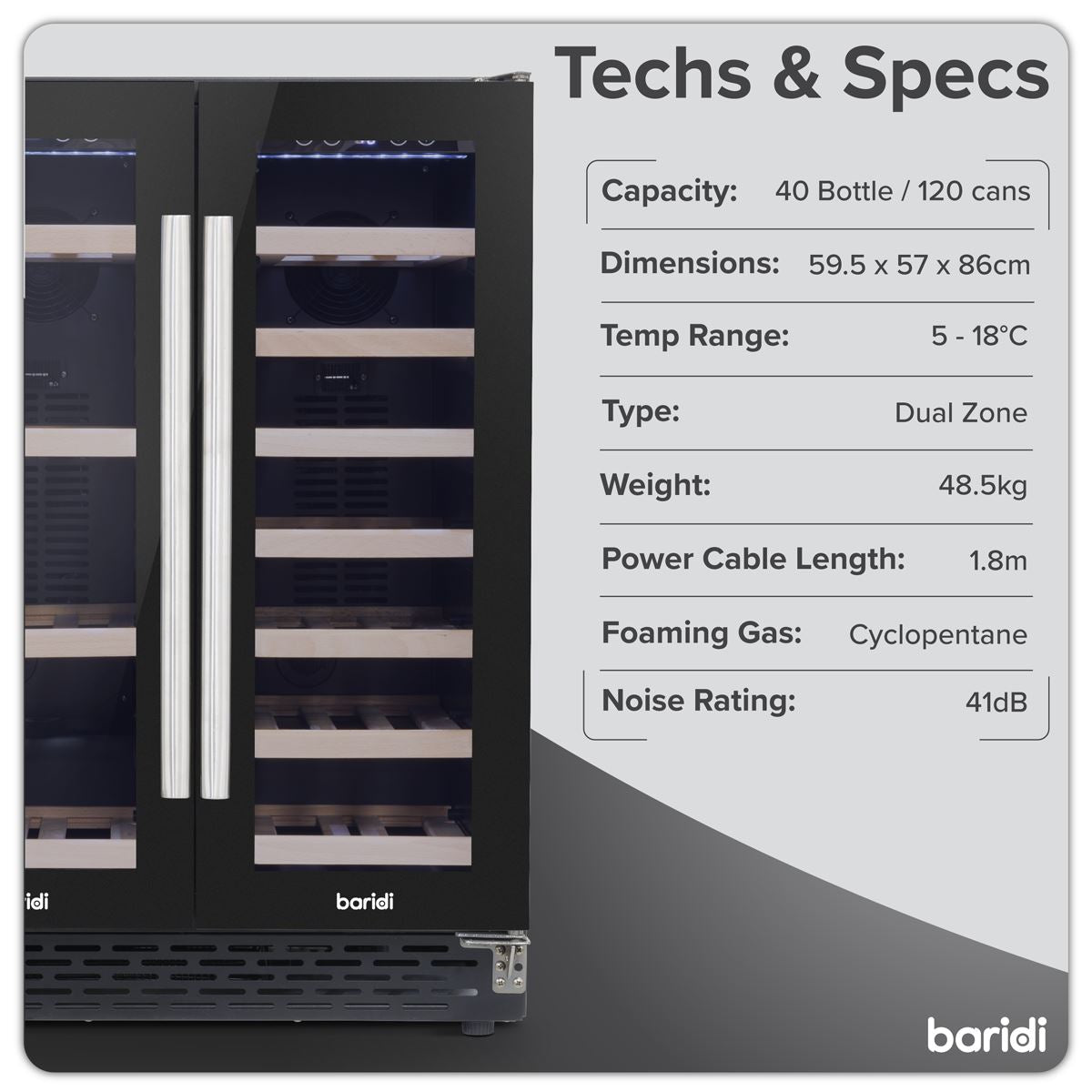 Baridi 60cm Dual Zone Wine Cooler and Drinks Fridge 40 Bottle/120 Can Built-In Under Counter/Freestanding Glass Fronted Bar Drinks Fridge Chiller