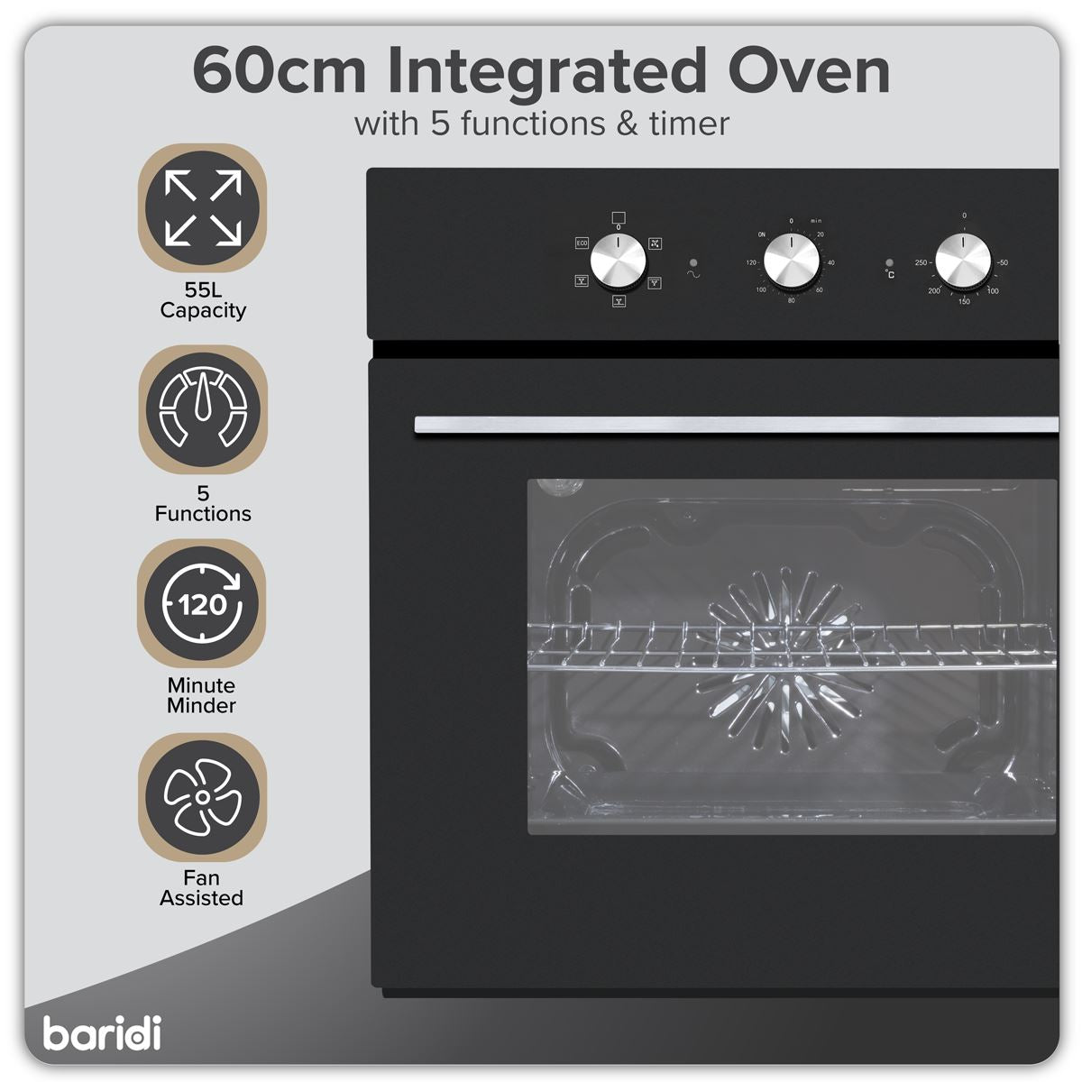 Baridi Built-In 5-Function Fan Assisted Oven with Timer 60cm, 55L Capacity - Black