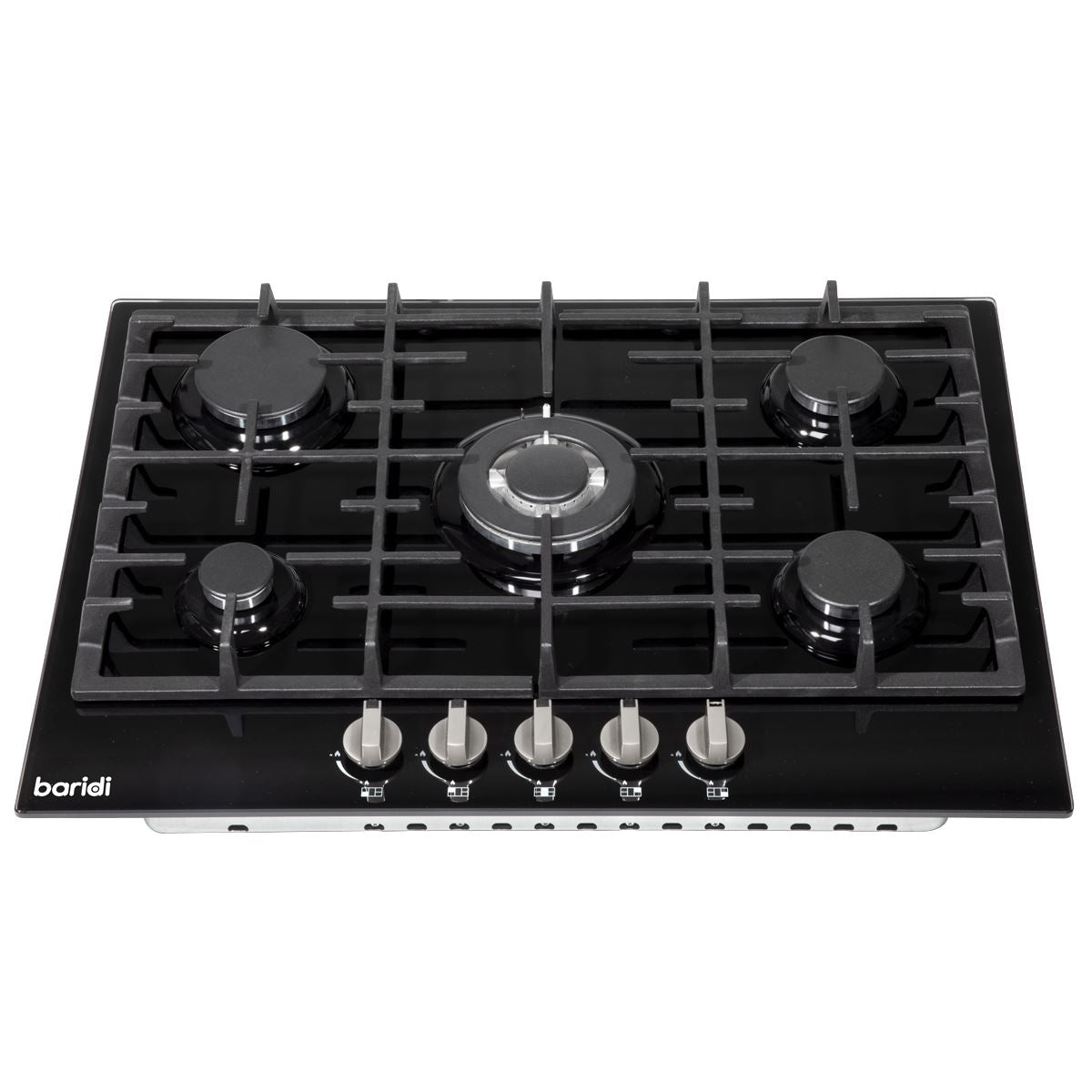 Baridi 70cm Gas on Glass Hob, 5 Burner and Cast Iron Pan Supports, Black Glass