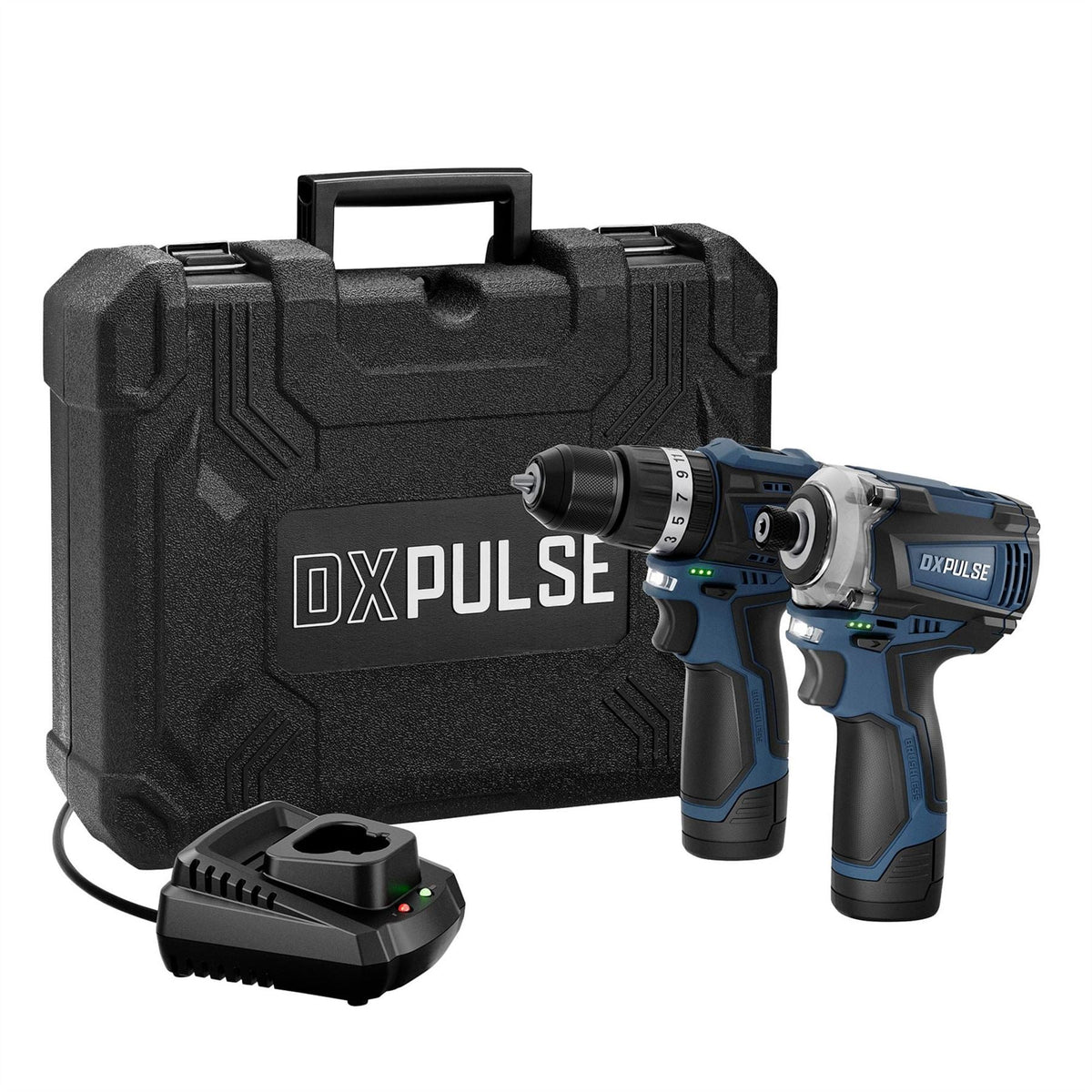 Draper DXPULSE 12V Brushless Combi Drill & Impact Driver Kit 1/4" Sq. Dr. 2 x 2.0Ah Batteries 1 x Charger 27983  White Rose Tools