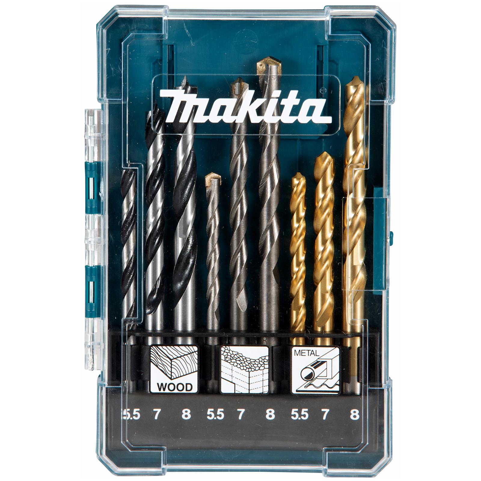 Makita Mixed Drill Bit Set in Case 9 Piece for Metal Masonry and Wood D-71978 