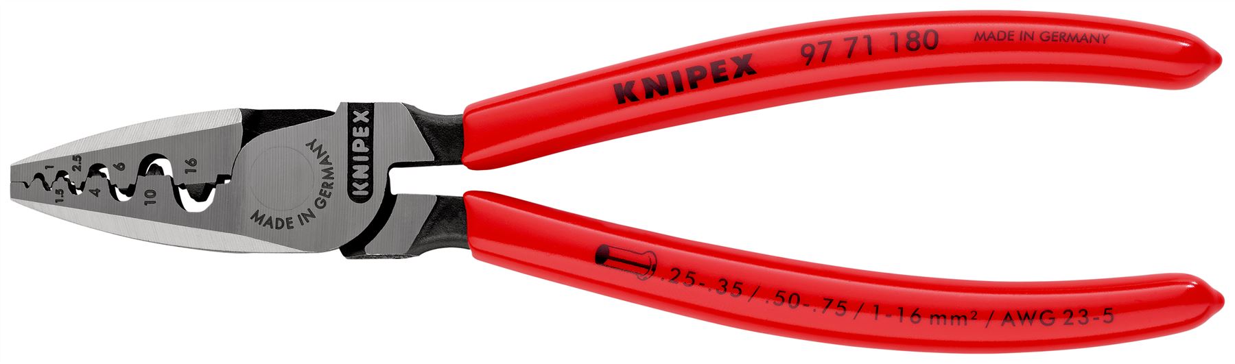 Knipex Crimping Pliers for Wire Ferrules 180mm 0.25-16mm² Capacity 97 71 180