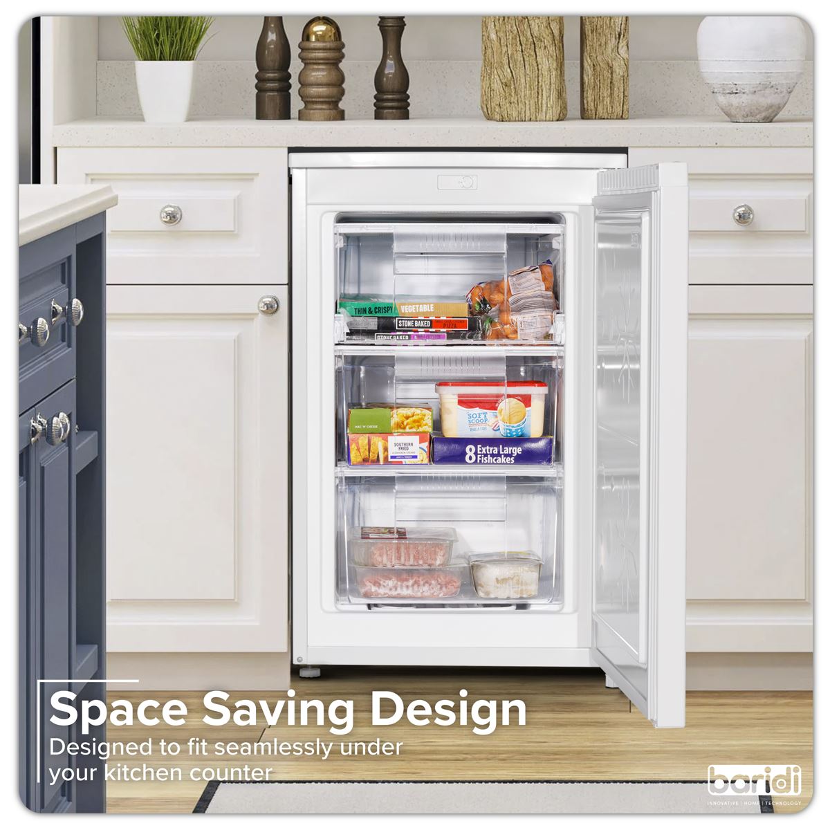 Baridi 55cm Undercounter Freezer with Adjustable Thermostat 85L - White  White Rose Tools
