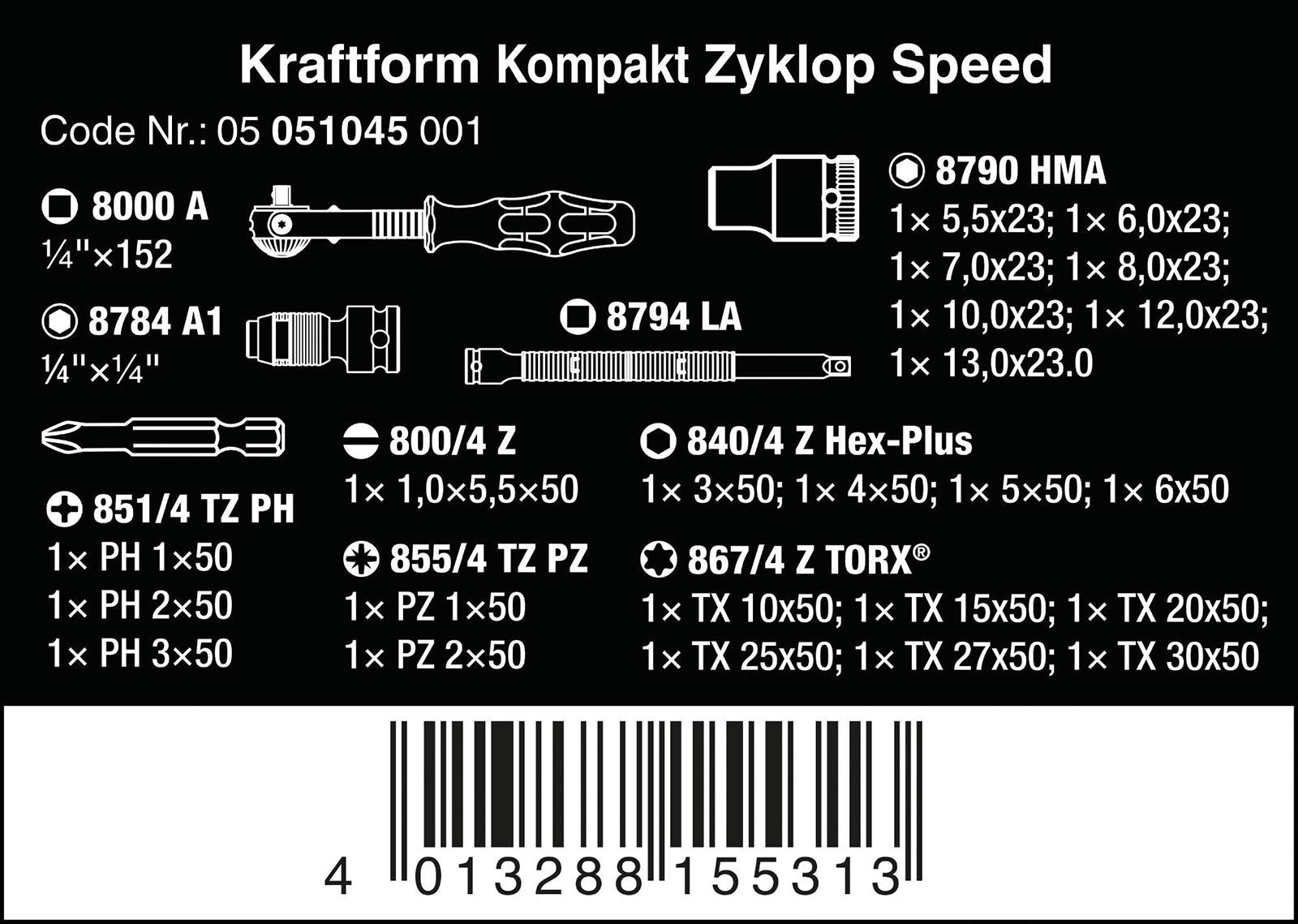 Wera Zyklop Speed Ratchet Socket and Screwdriver Bit Set 1/4" Drive 26 Pieces Kraftform Kompakt