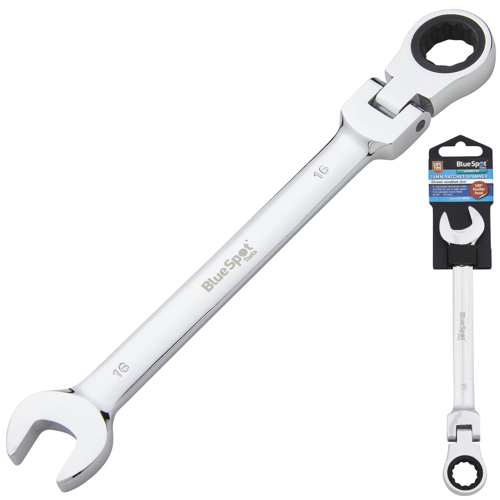 BlueSpot Ratchet Combination Spanner Flexible Head Chrome Vanadium 16mm