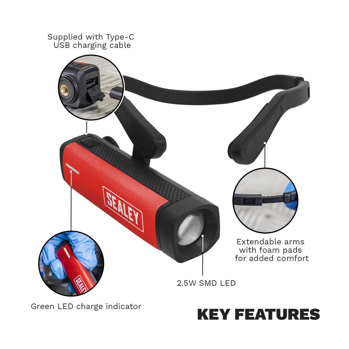 Sealey Rechargeable Head Torch 2.5W SMD LED 