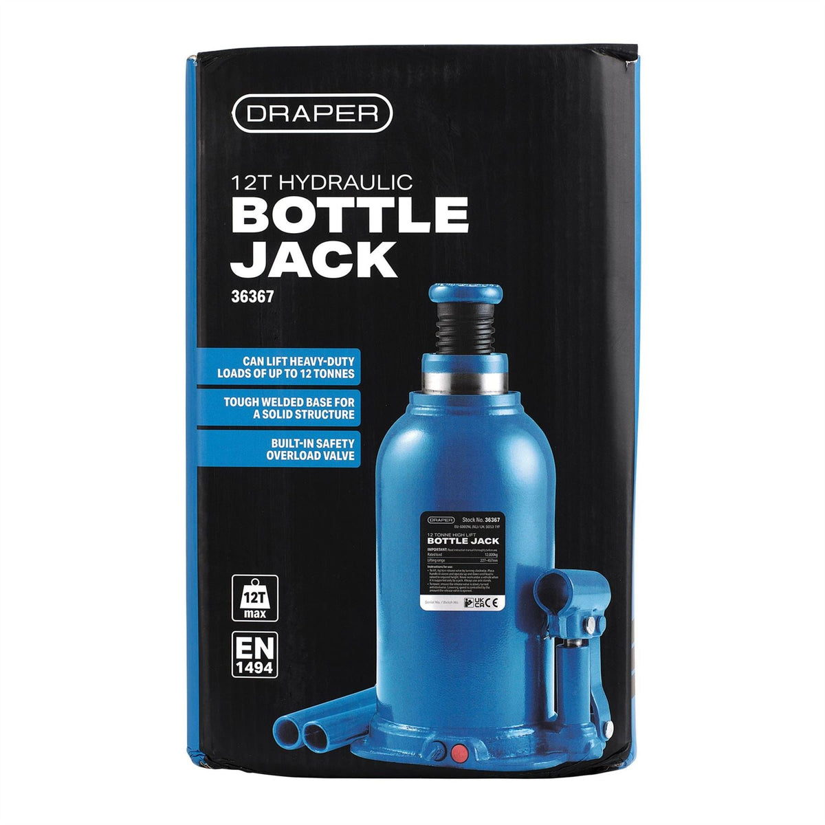 Draper Hydraulic Bottle Jack 12 Tonne 36367  White Rose Tools