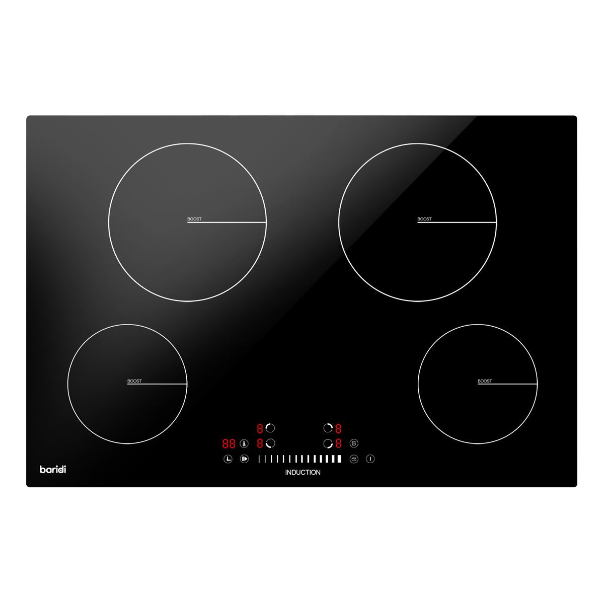 Baridi 77cm Built-In Induction Hob with 4 Cooking Zones, 7200W, Boost Function, 9 Power Levels, Touch Control & Timer, Hardwired