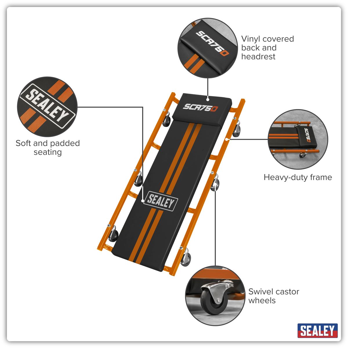 Sealey American-Style Deluxe Creeper 36" with Steel Frame & 6 Wheels - Orange