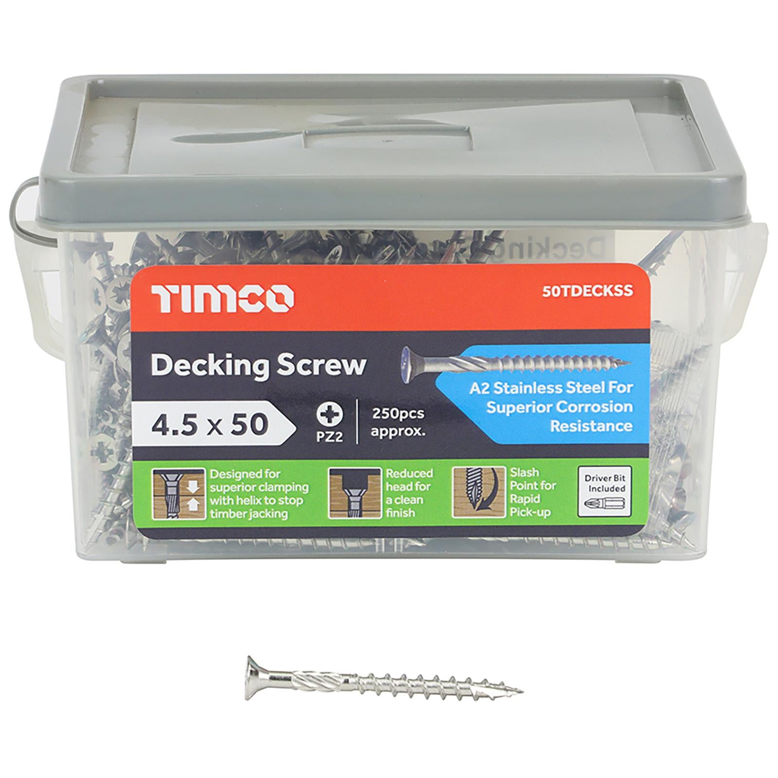 TIMCO Decking Screw Double Countersunk A2 Stainless Steel 250 Screws Tub Pozi PZ2 - Choose Size