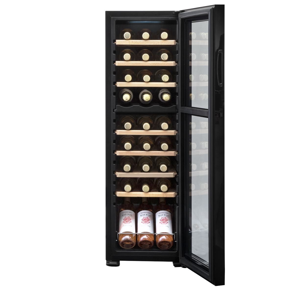 Baridi 27 Bottle Dual Zone Wine Cooler, Fridge with Digital Touchscreen Controls, Wooden Shelves & LED Light, Black