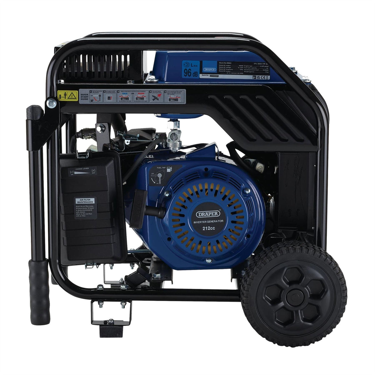 Draper Petrol Open Frame Inverter Generator with Wheels 3800W 98683  White Rose Tools