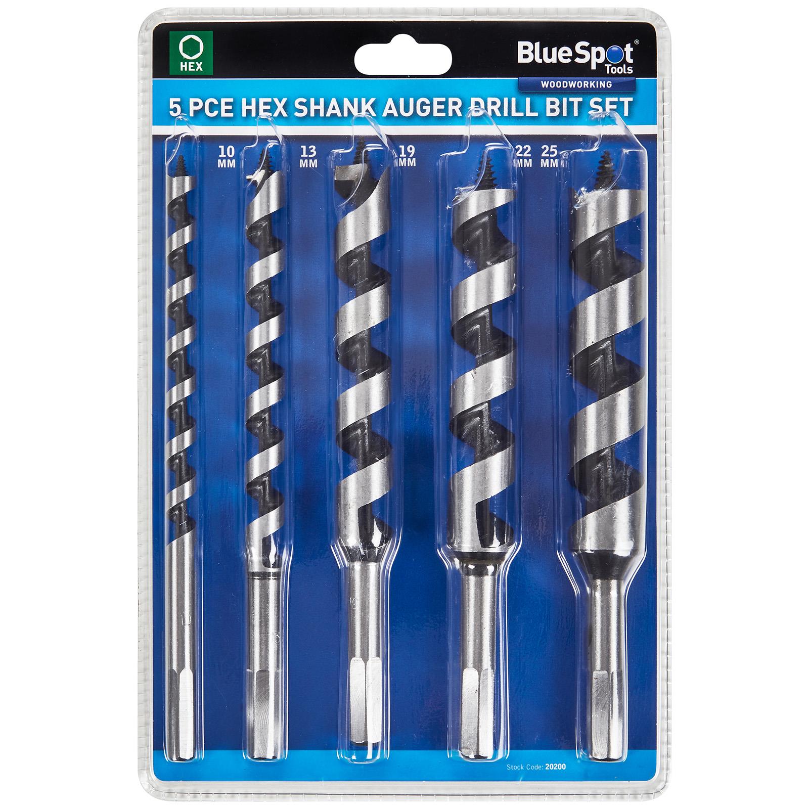 BlueSpot Wood Auger Drill Bit Set 10-25mm Hex Shank 5 Pieces  White Rose Tools
