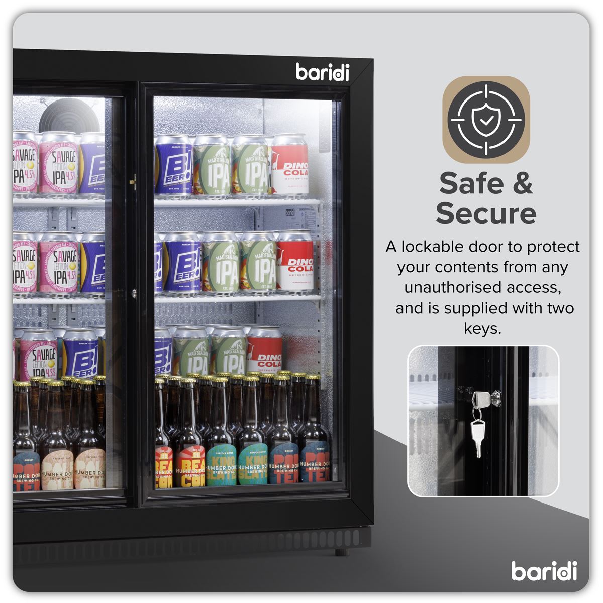 Baridi Back Bar Drinks Fridge/Cooler with Double Sliding Doors, 190L Capacity  White Rose Tools