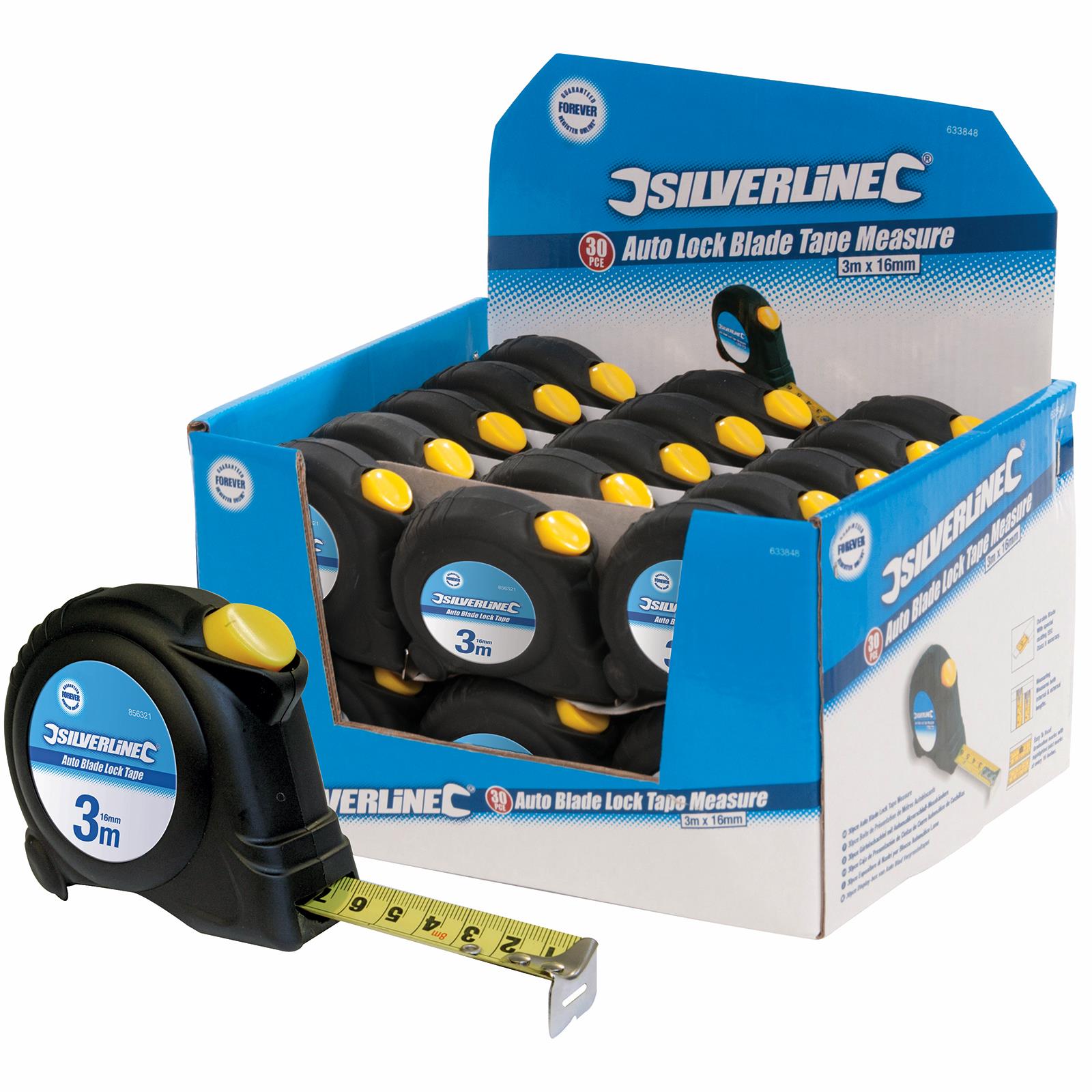 30 x Silverline 3m Tape Measure Automatic Blade Lock Metric Imperial Display Box 