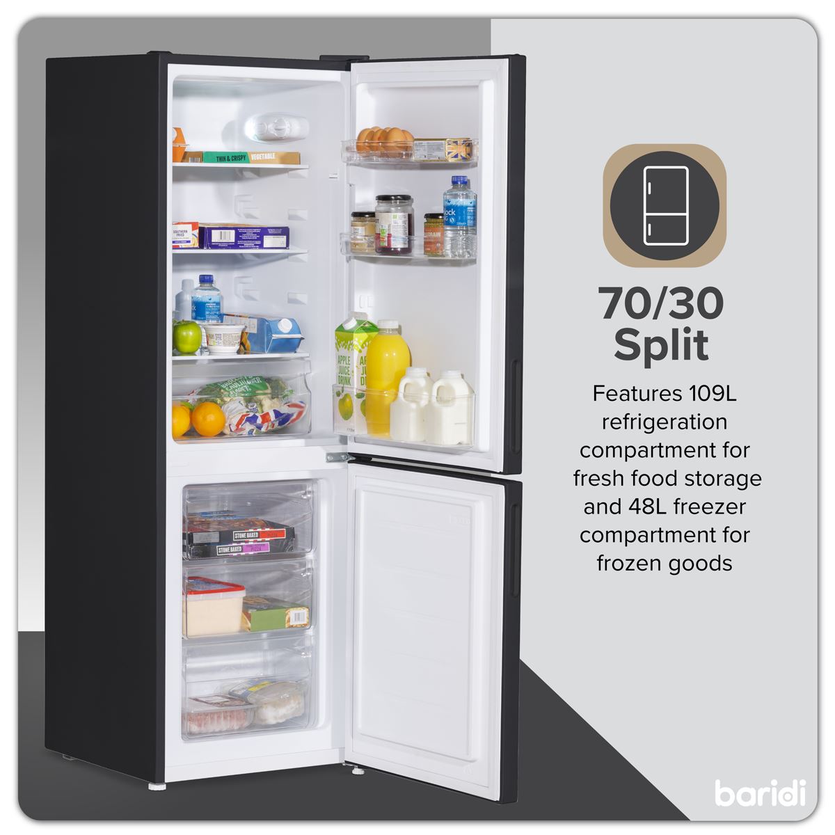 Baridi 47cm 70/30 Fridge Freezer, 157L Capacity Low Frost  White Rose Tools
