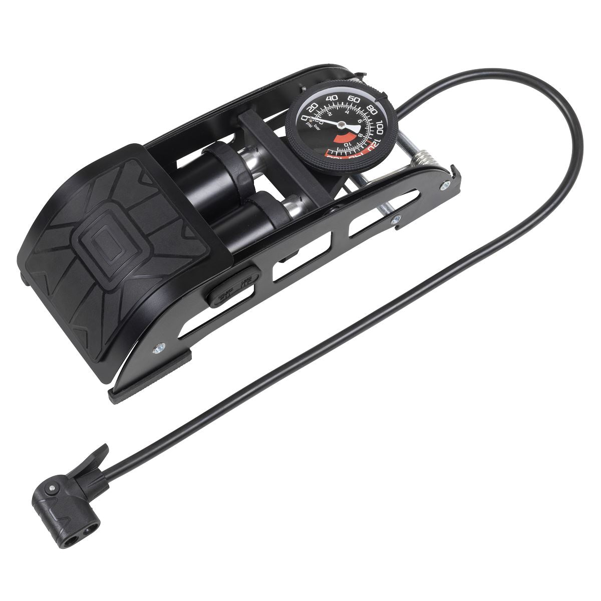 Sealey 0-160 PSI 0-10 BAR Dial Type Twin Barrel Foot Pump 700mm Hose Car Van Tyre