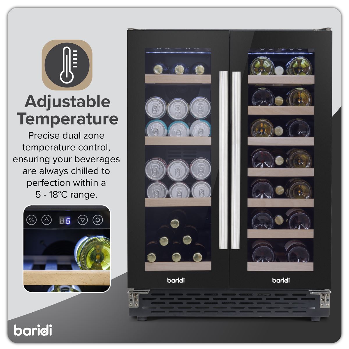Baridi 60cm Dual Zone Wine Cooler and Drinks Fridge 40 Bottle/120 Can Built-In Under Counter/Freestanding Glass Fronted Bar Drinks Fridge Chiller