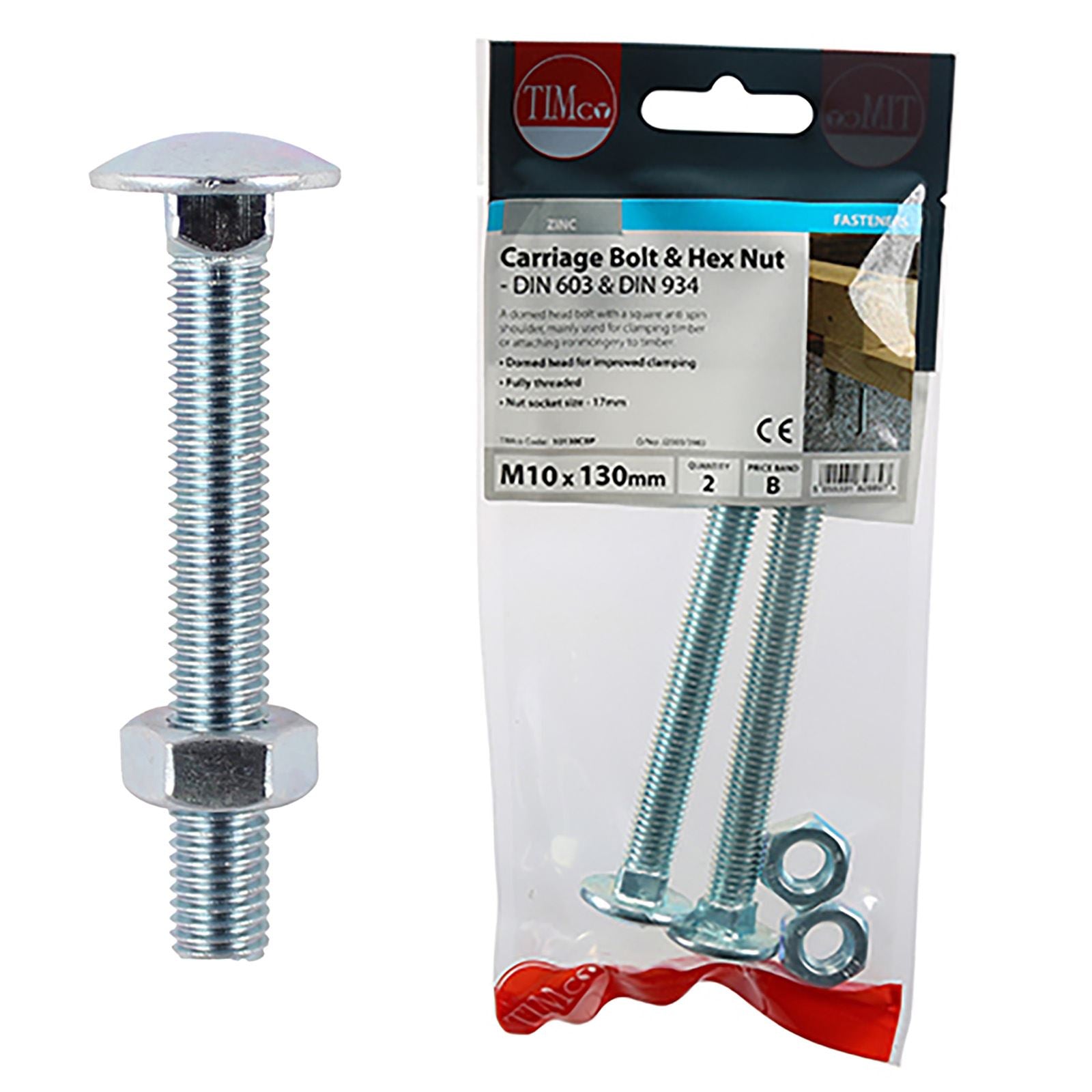 TIMCO Carriage Bolts with Hex Nuts 4.8 Grade Zinc Carbon Steel TIMpac M6-M12 - Choose Size