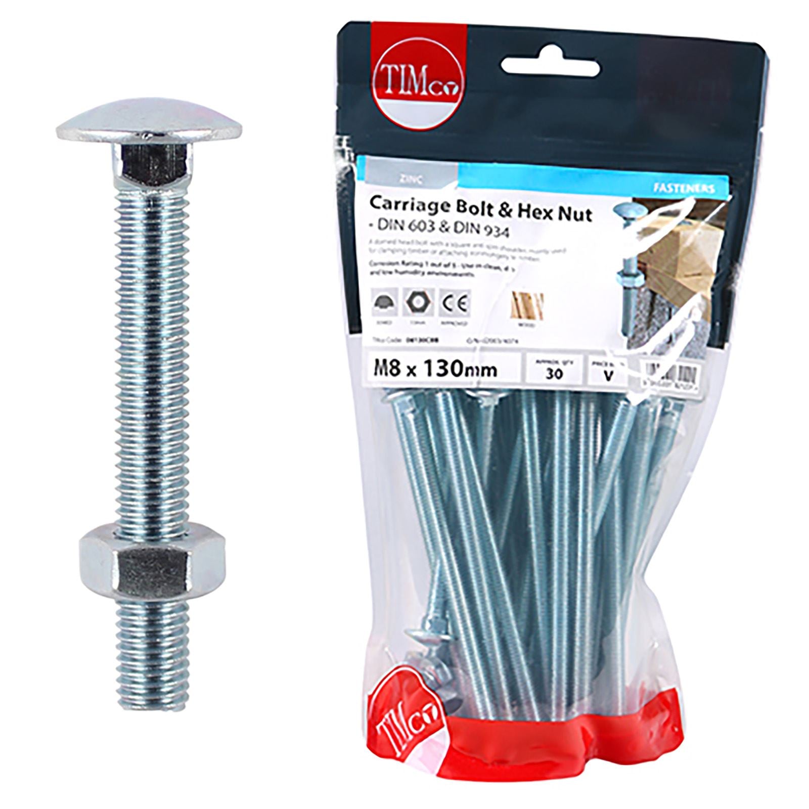 TIMCO Carriage Bolts with Hex Nuts 4.8 Grade Zinc Carbon Steel TIMbag M6-M12 - Choose Size