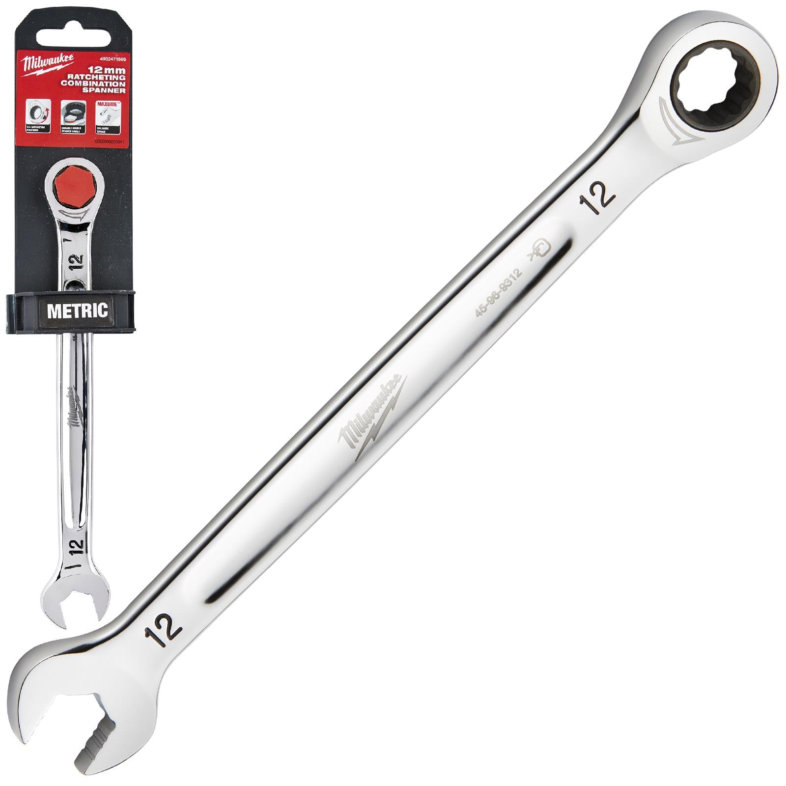 Milwaukee Ratchet Combination Spanners MAX BITE Fixed Head Open End Ring - Choose Size