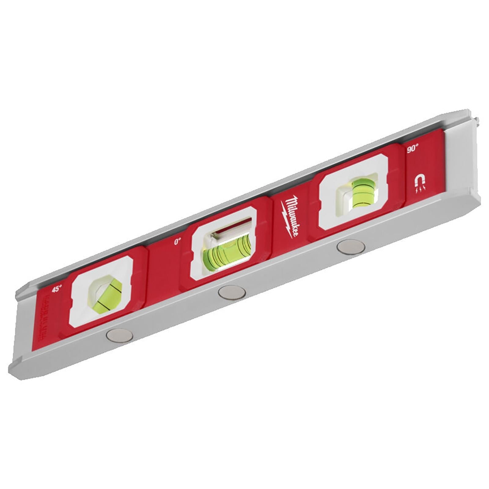 Milwaukee 25cm Base Torpedo Spirit Level Magnetic Hi-Vis Vials Slim Aluminium Frame Measuring  White Rose Tools