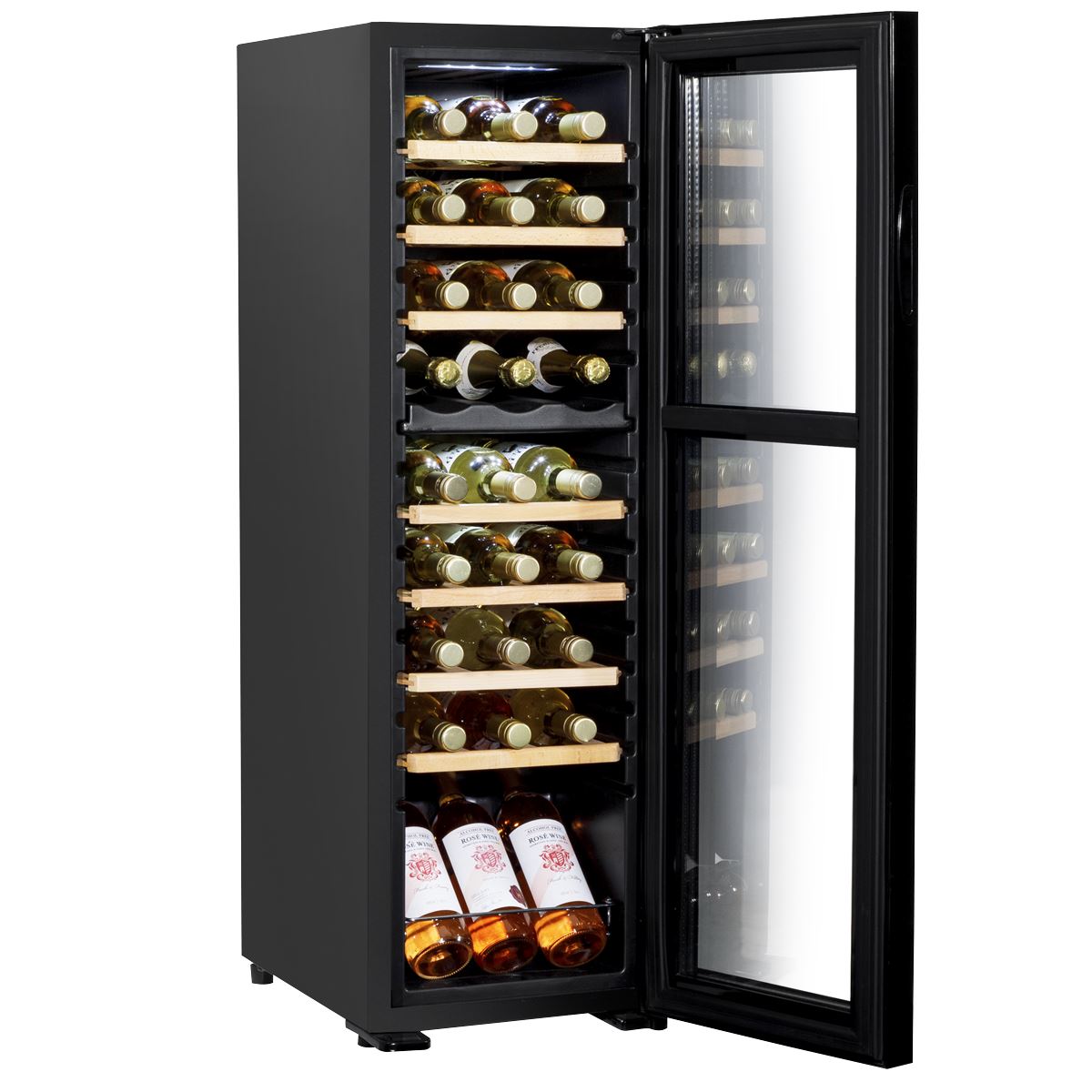 Baridi 27 Bottle Dual Zone Wine Cooler, Fridge with Digital Touchscreen Controls, Wooden Shelves & LED Light, Black