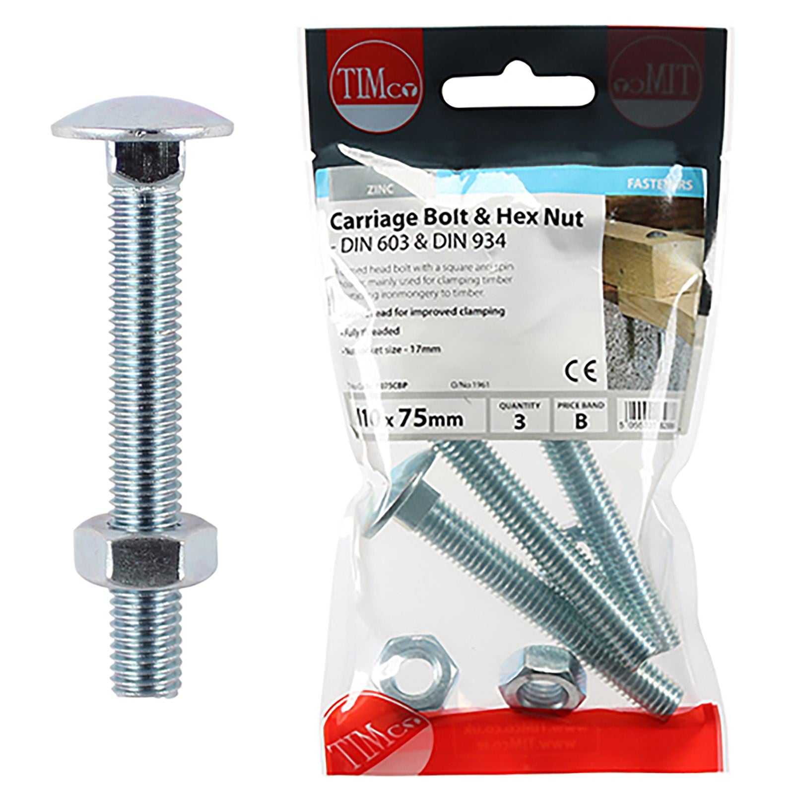 TIMCO Carriage Bolts with Hex Nuts 4.8 Grade Zinc Carbon Steel TIMpac M6-M12 - Choose Size