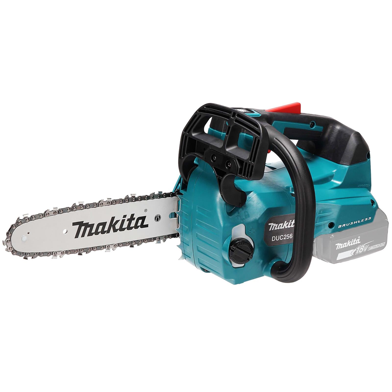 Makita Chainsaw Kit 25cm 10" 18V x 2 LXT Brushless Cordless 2 x 6Ah Battery and Dual Rapid Charger Top Handle Garden Tree Cutting Pruning DUC256PG2