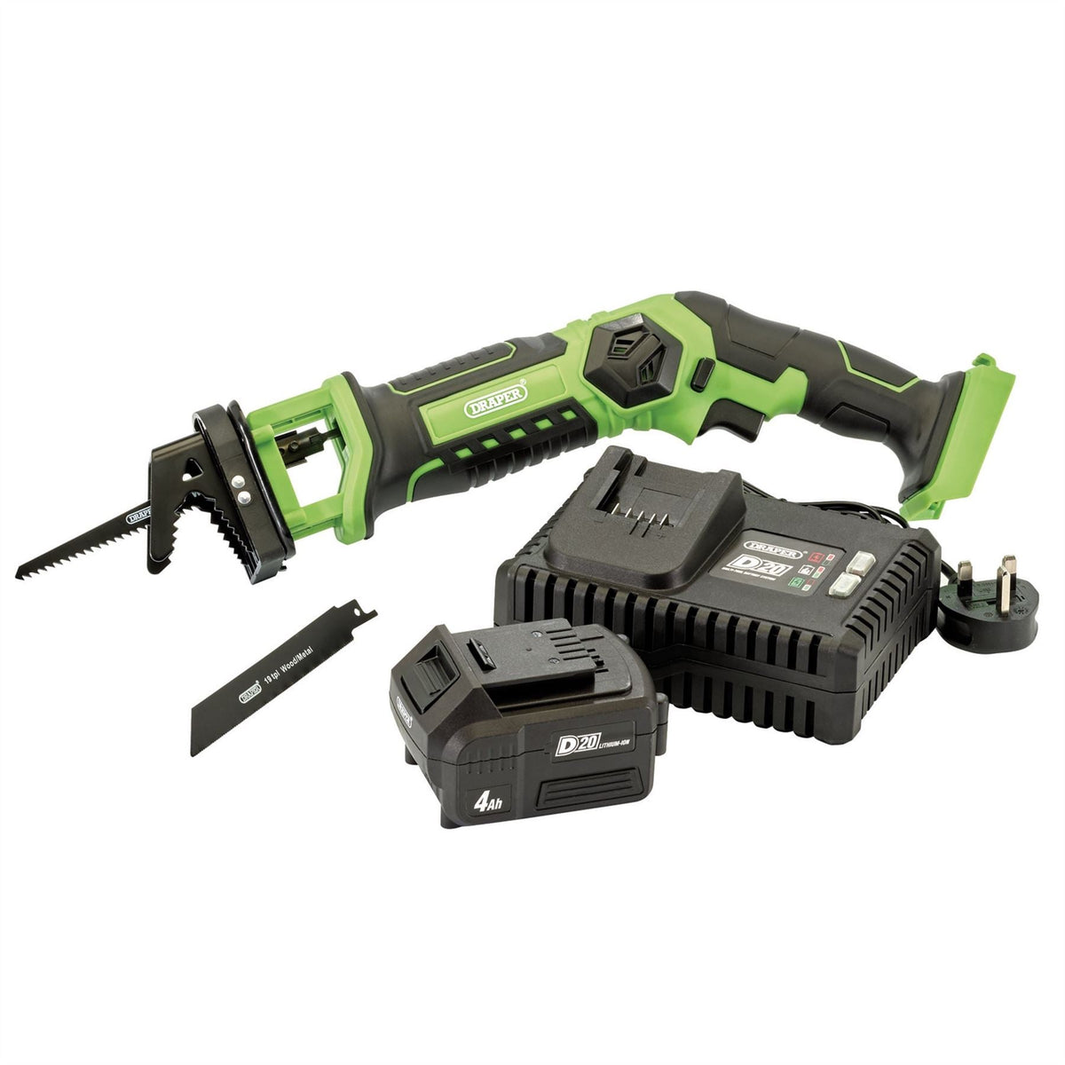 Draper D20 20V Pruning Saw 1 x 4.0Ah Battery 1 x Fast Charger 30901  White Rose Tools