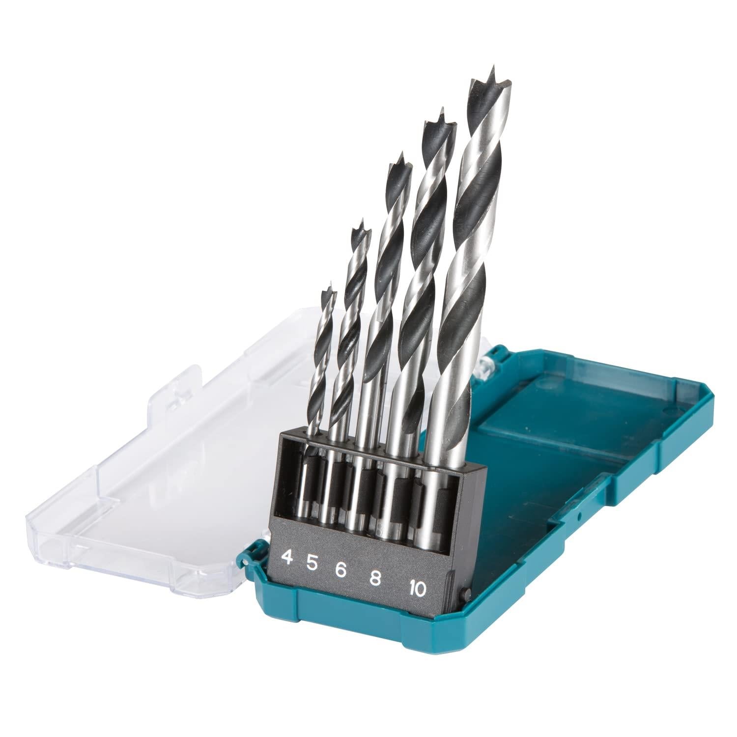 Makita Wood Drill Bit Set Straight Shank Brad Point 4-10mm Timber 5pc Woodwork 
