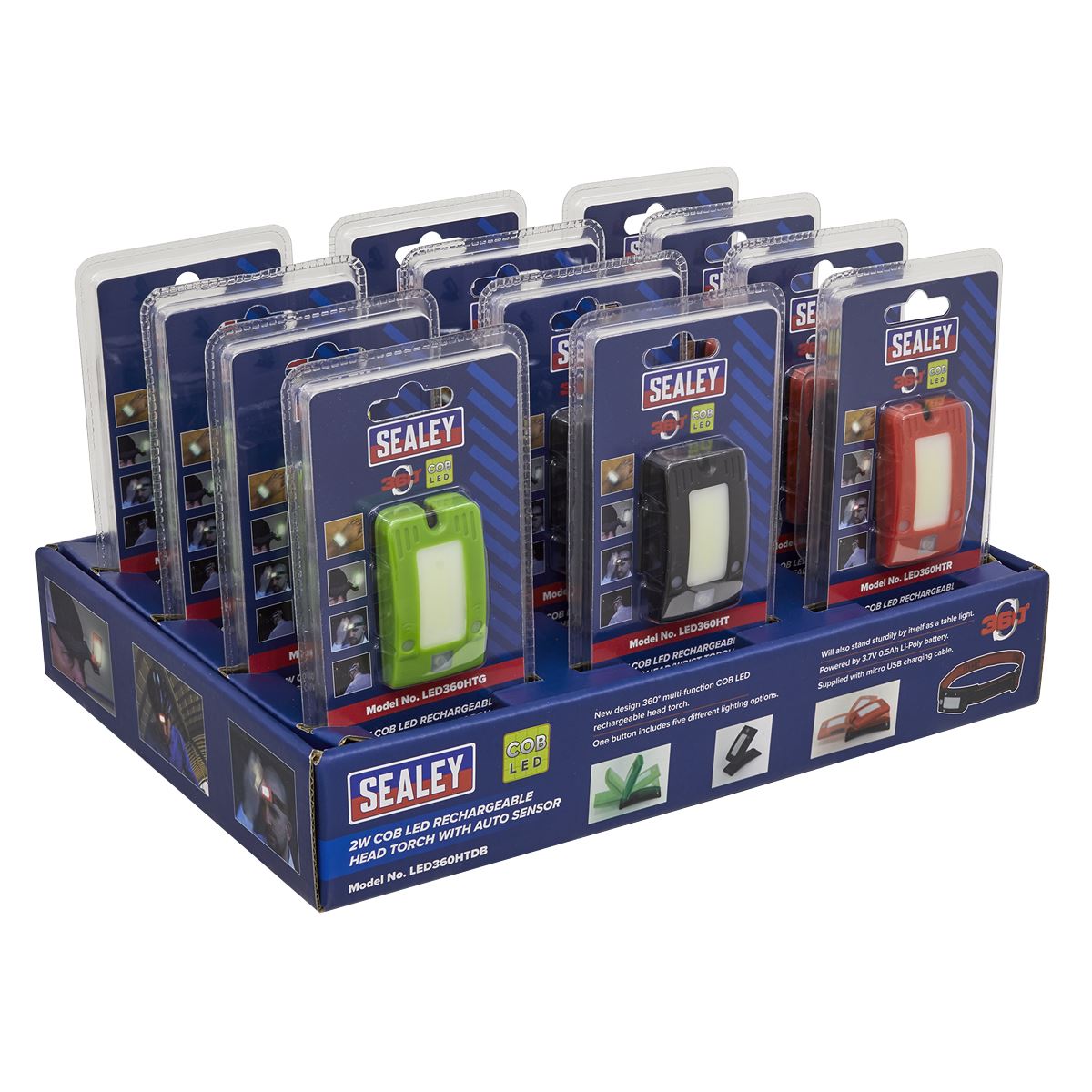 Sealey Rechargeable Head Torches Auto-Sensor Black 2W COB LED Display Box of 12 