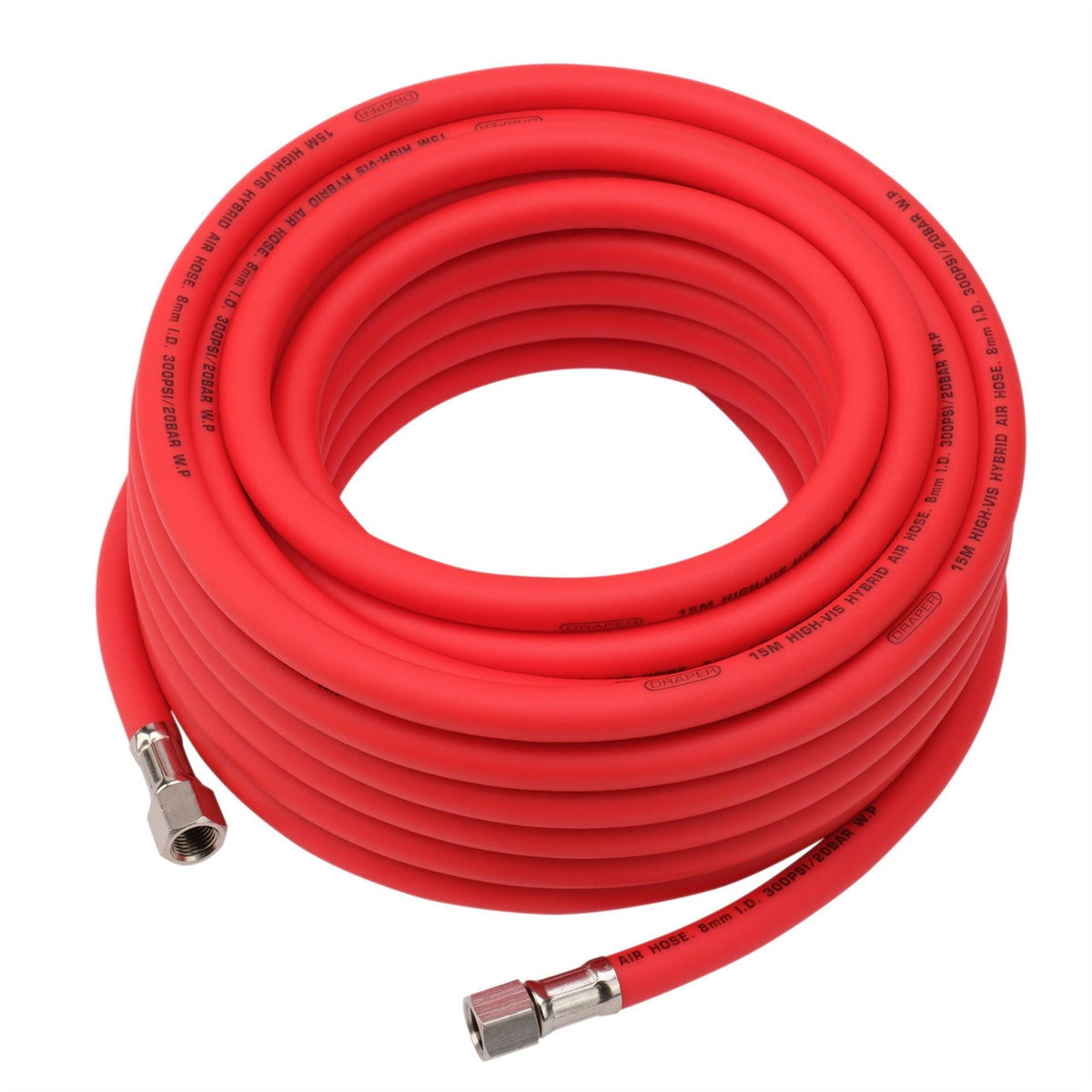 Draper High Visibility Hybrid Air Hose 15m x 8mm 1/4" BSP Red 31735  White Rose Tools