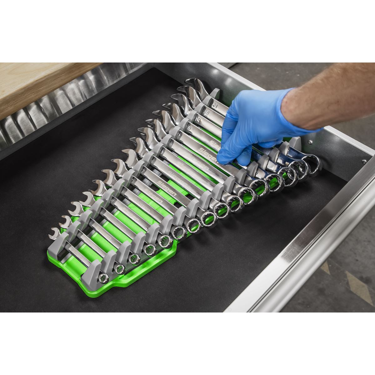 Sealey Premier Reversible Spanner Rack 16pc Hi-Vis Green