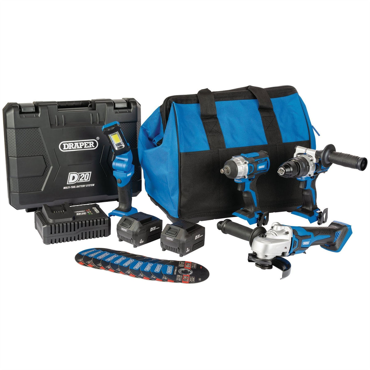 Draper D20 20V Workshop Kit 1 x 3.0Ah Battery 1 x 4.0Ah Battery 1 x Fast Charger (19 Piece) 90470  White Rose Tools