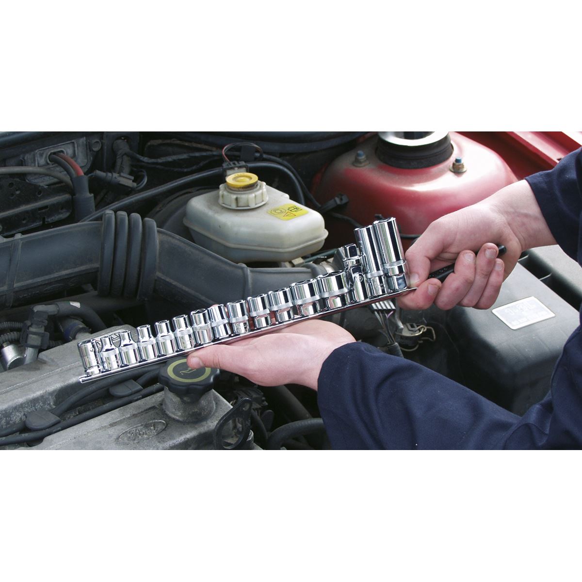 Sealey Premier Socket Retaining Rail with 14 Clips 3/8"Sq Drive 