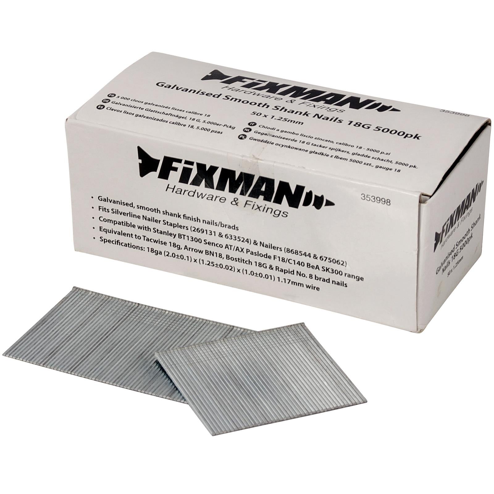 Fixman 5000pc 18 Gauge Galvanised Smooth Shank Nails 50 x 1.25mm 