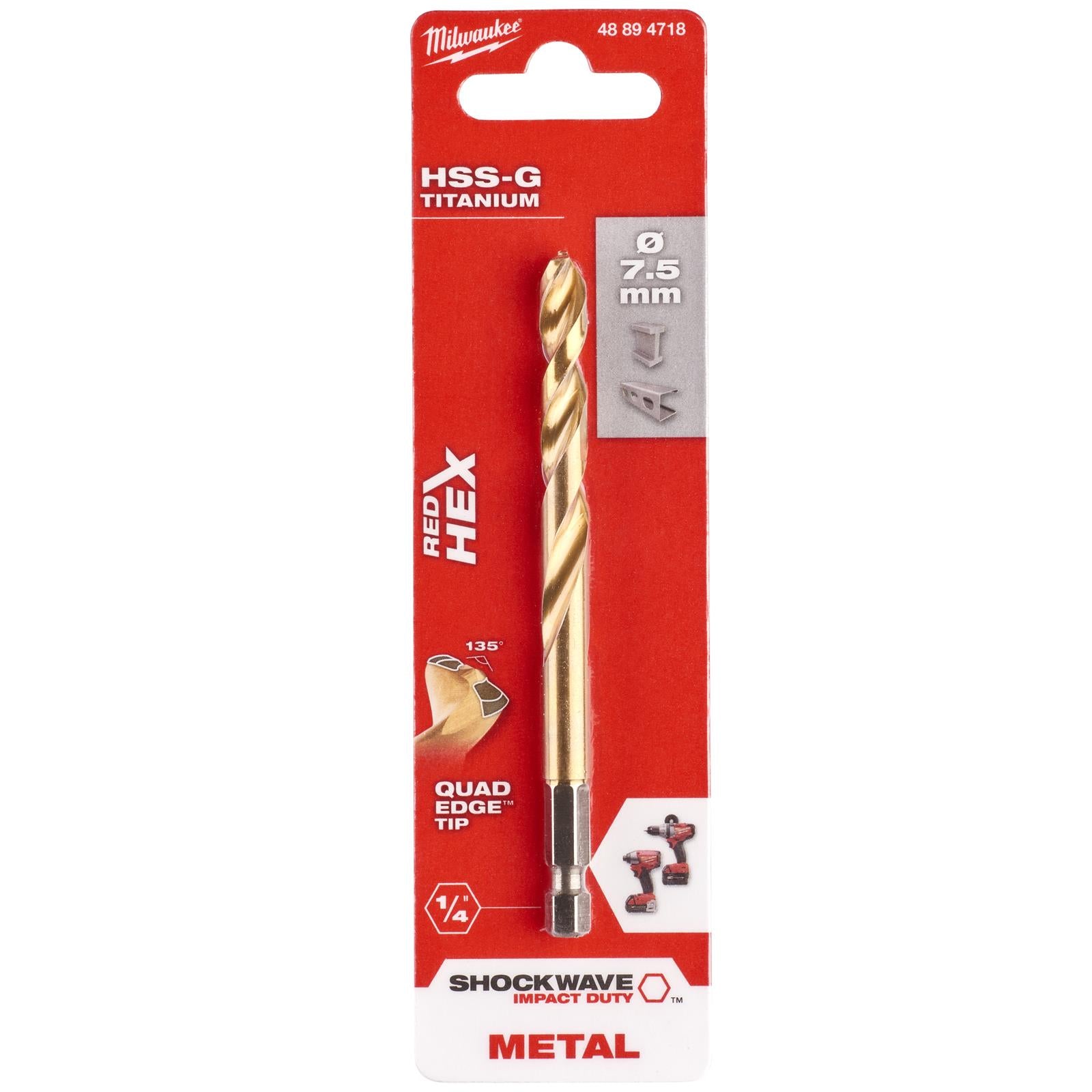 Milwaukee Red Hex Metal Drill Bits HSS Shockwave Impact Duty 1/4" Hex Shank 