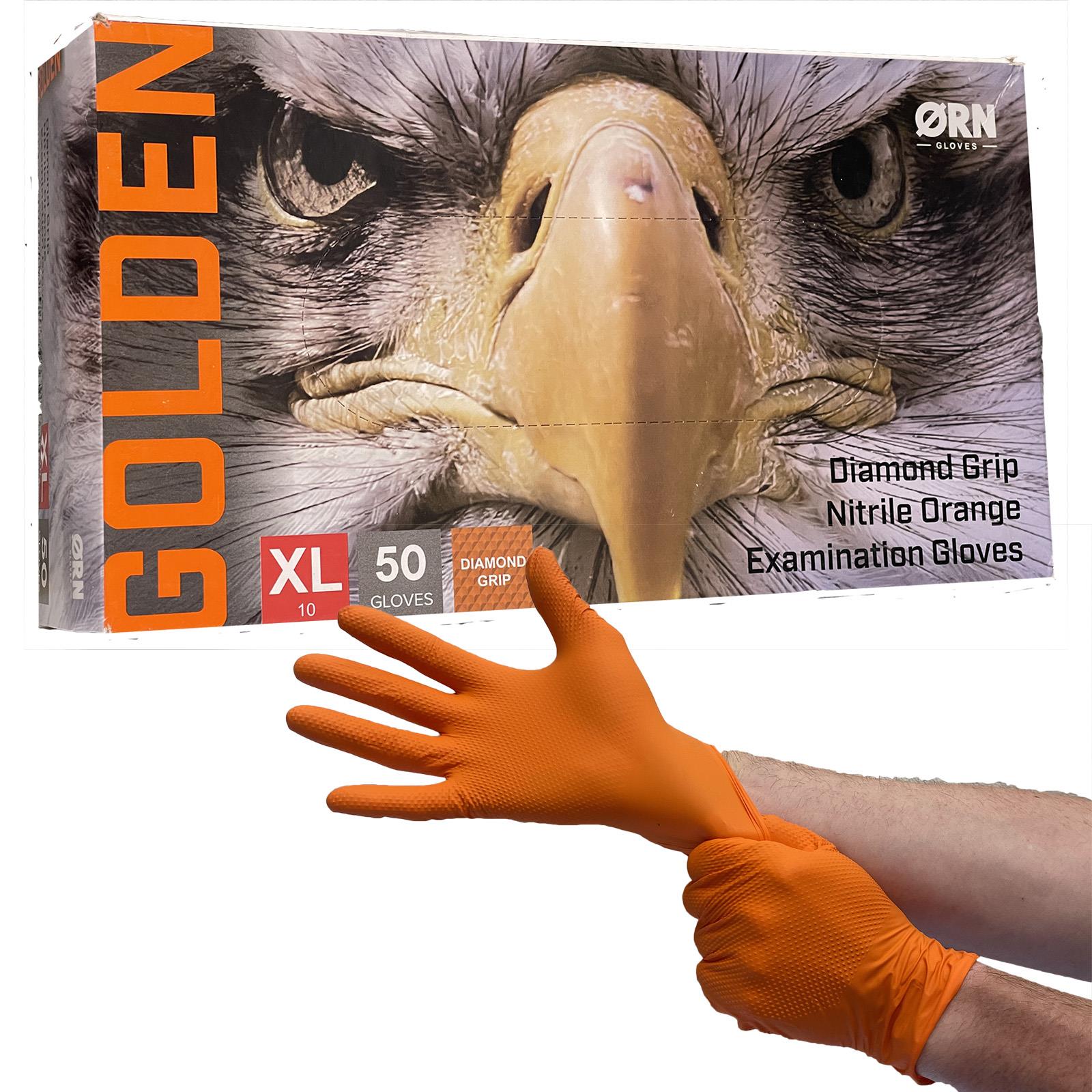 ORN Nitrile Disposable Gloves Golden Diamond Grip Orange Powder Latex Free 50 Box - Choose Size