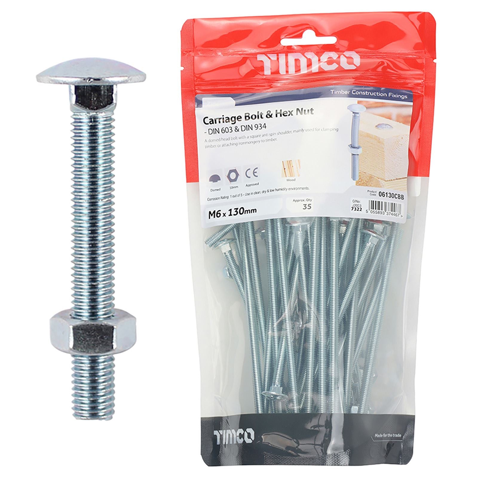 TIMCO Carriage Bolts with Hex Nuts 4.8 Grade Zinc Carbon Steel TIMbag M6-M12 - Choose Size