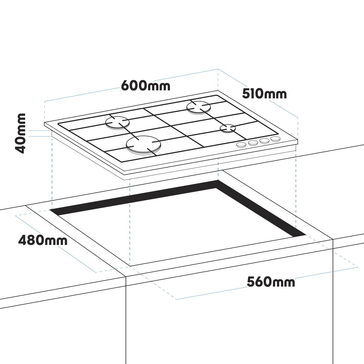 Baridi 60cm Gas on Glass Hob, 4 Burner and Cast Iron Pan Supports, Black Glass