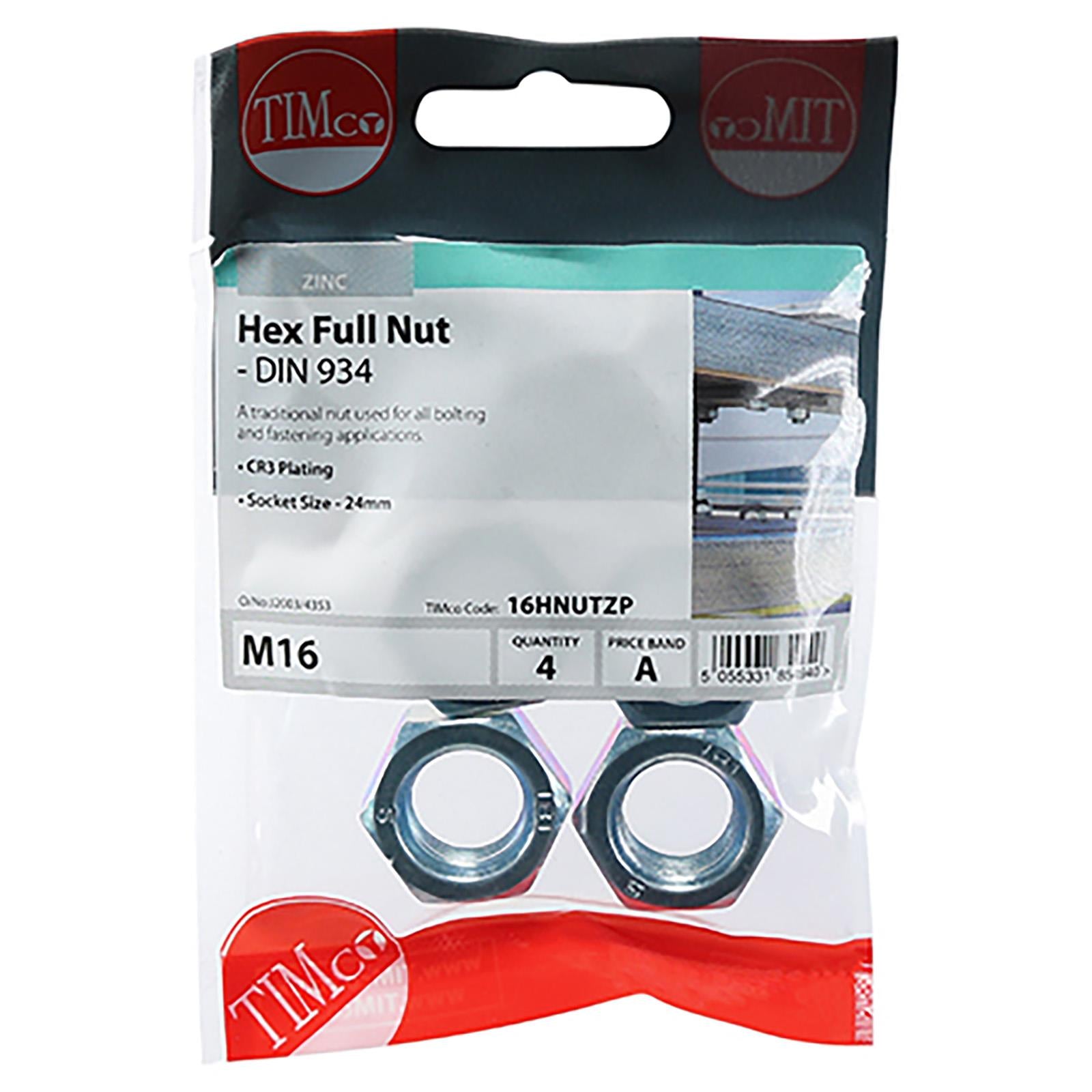 TIMCO Hex Full Nuts Zinc DIN934 M4-M20 Choose Size  White Rose Tools