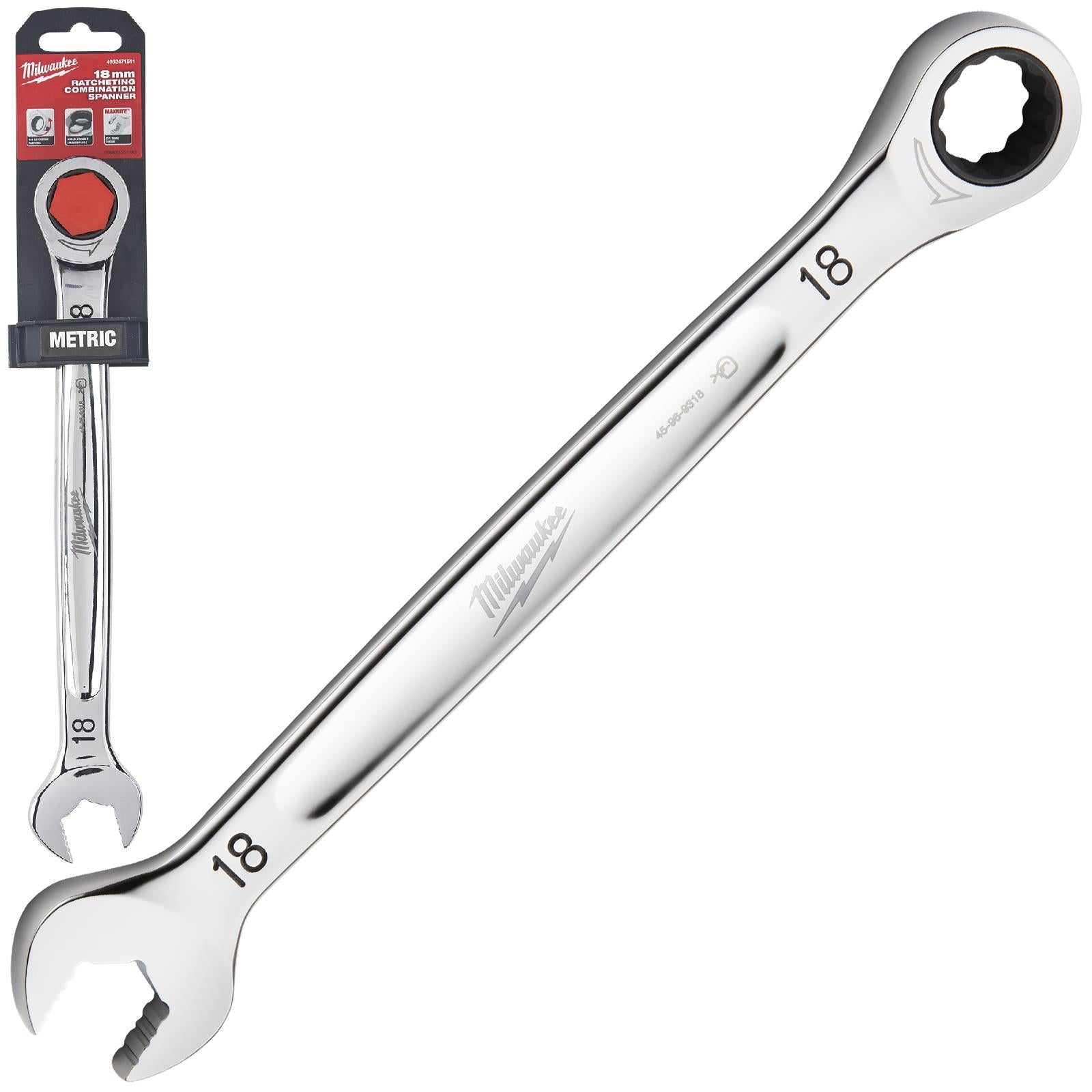 Milwaukee Ratchet Combination Spanners MAX BITE Fixed Head Open End Ring - Choose Size