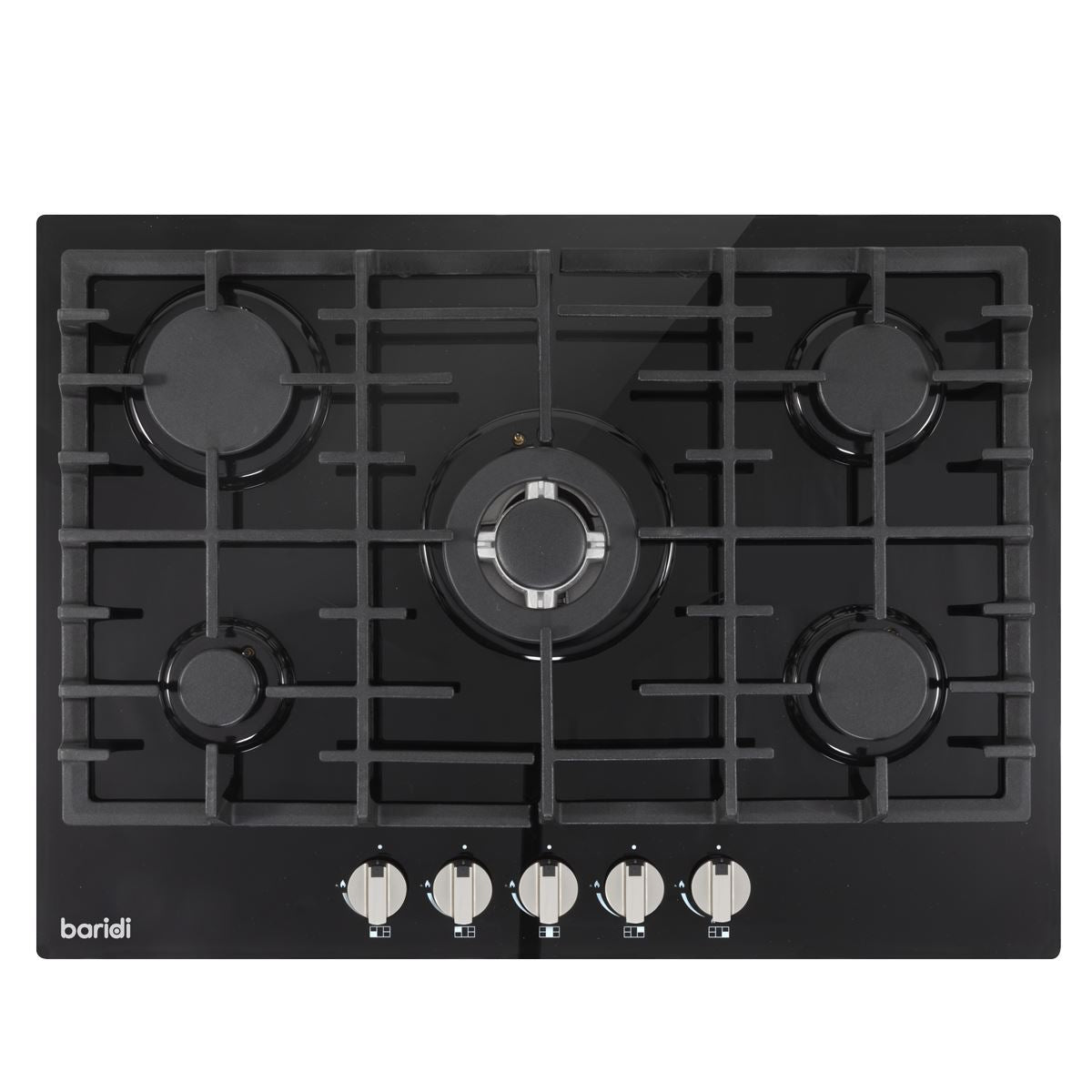 Baridi 70cm Gas on Glass Hob, 5 Burner and Cast Iron Pan Supports, Black Glass