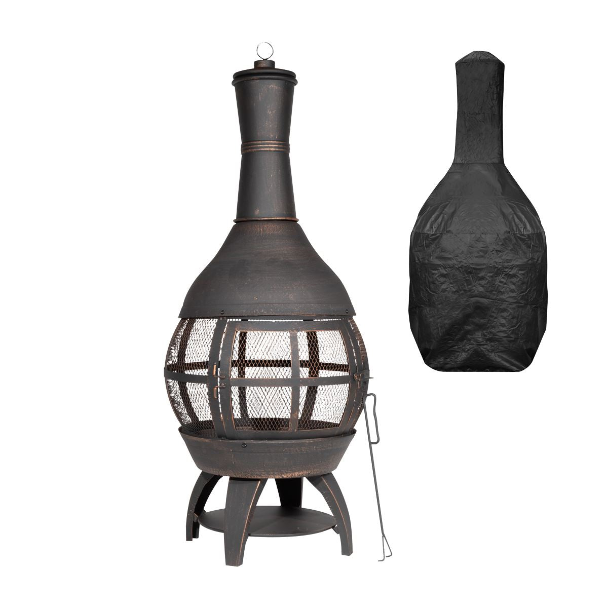 Dellonda Deluxe 360° Chiminea/Fire Pit/Outdoor Heater with Fire Poker & Water Resistant Drawstring Cover - Antique Bronze Finish - DG241