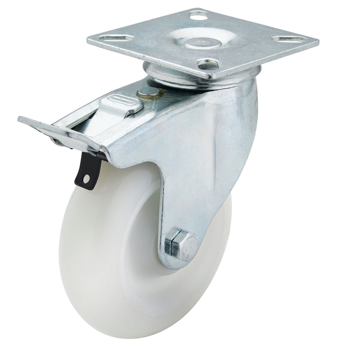 Draper Swivel Plate Fixing Nylon Wheel with Brake 100mm Diameter S.W.L. 125kg 65504  White Rose Tools