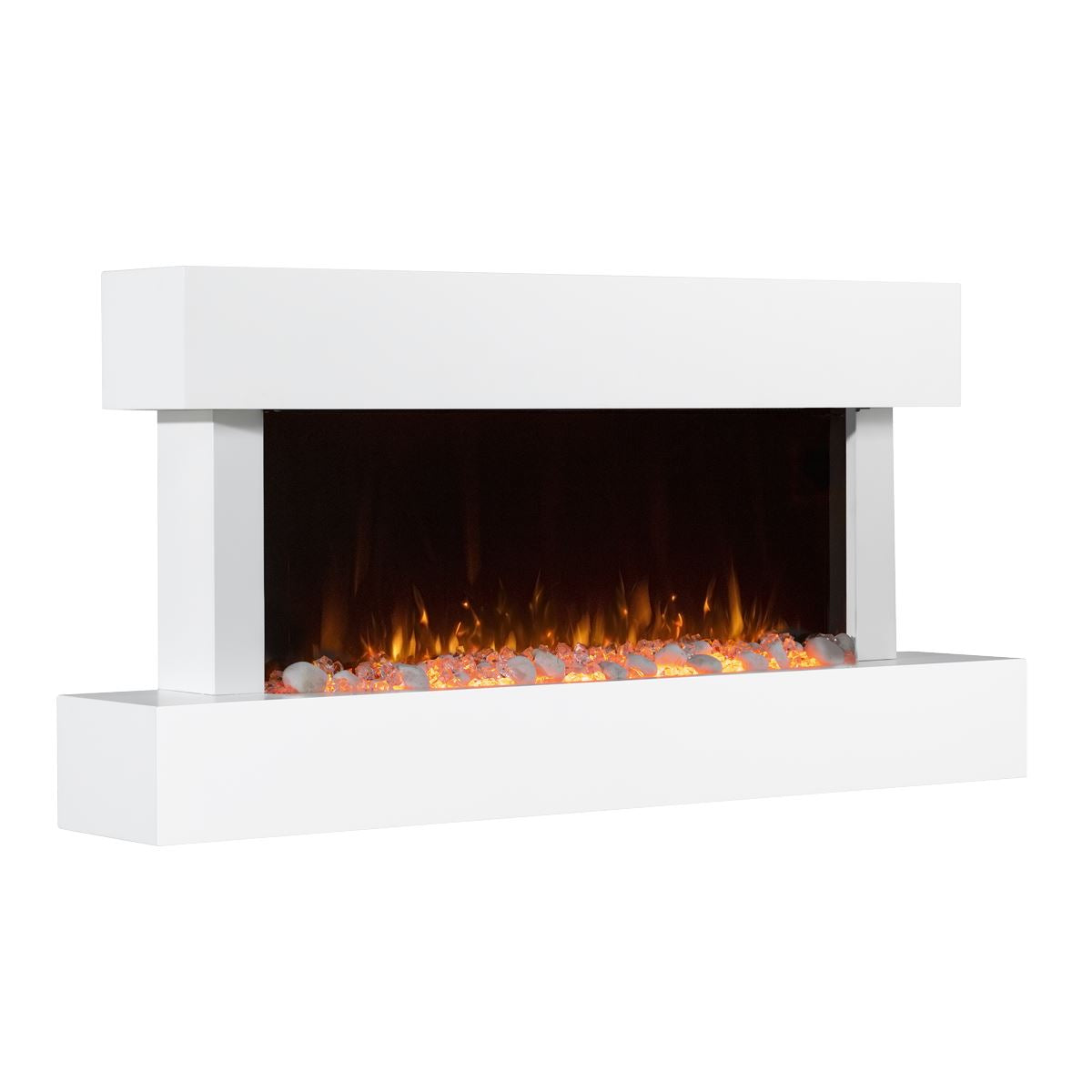 Baridi 46” Wall Mounting 1000W/2000W Electric Fireplace with LED Flame Effects, Side Glass Decoration and Pebble Accessories, White