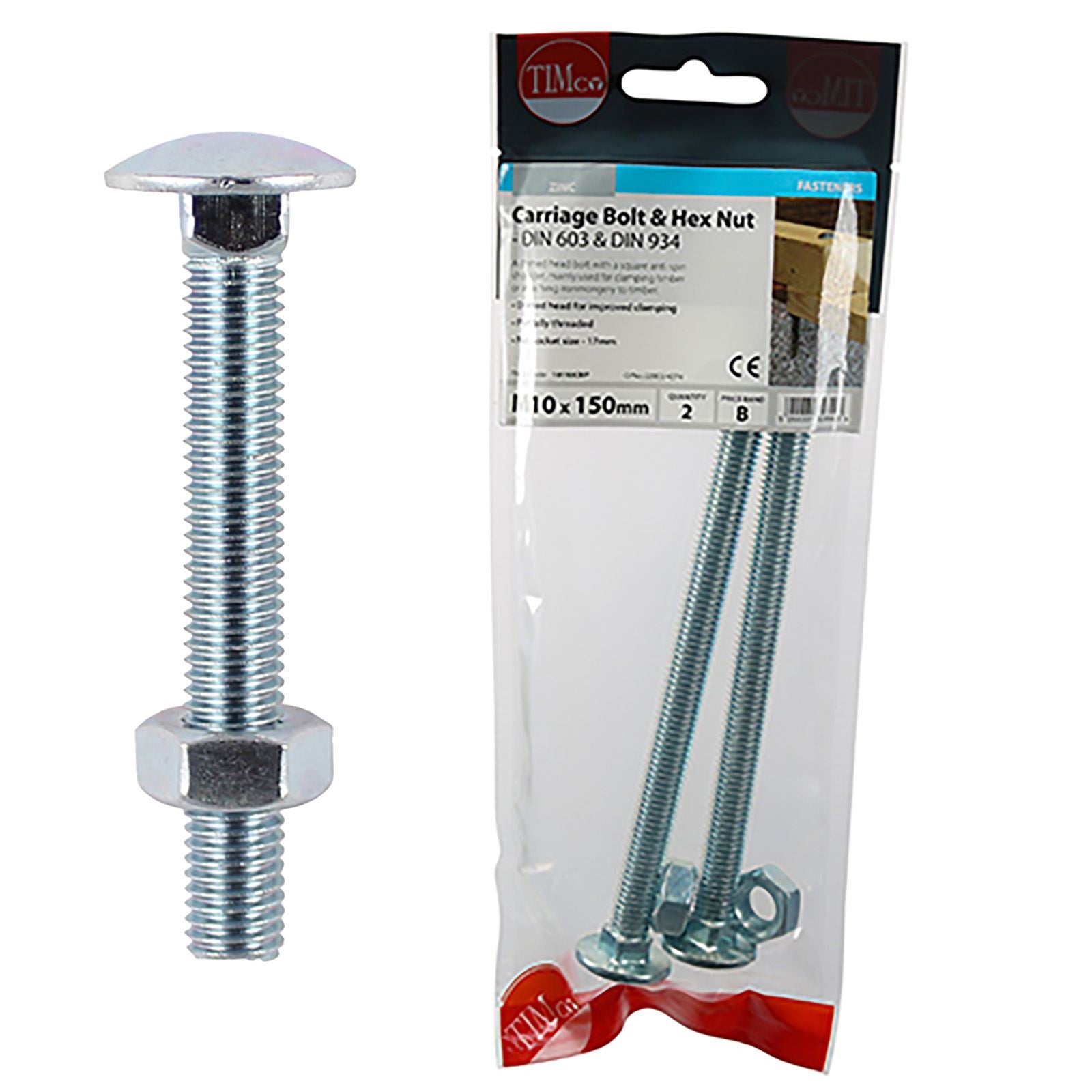 TIMCO Carriage Bolts with Hex Nuts 4.8 Grade Zinc Carbon Steel TIMpac M6-M12 - Choose Size