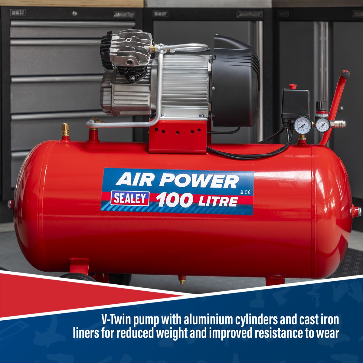 Sealey 100L V-Twin Direct Drive Air Compressor 3hp 