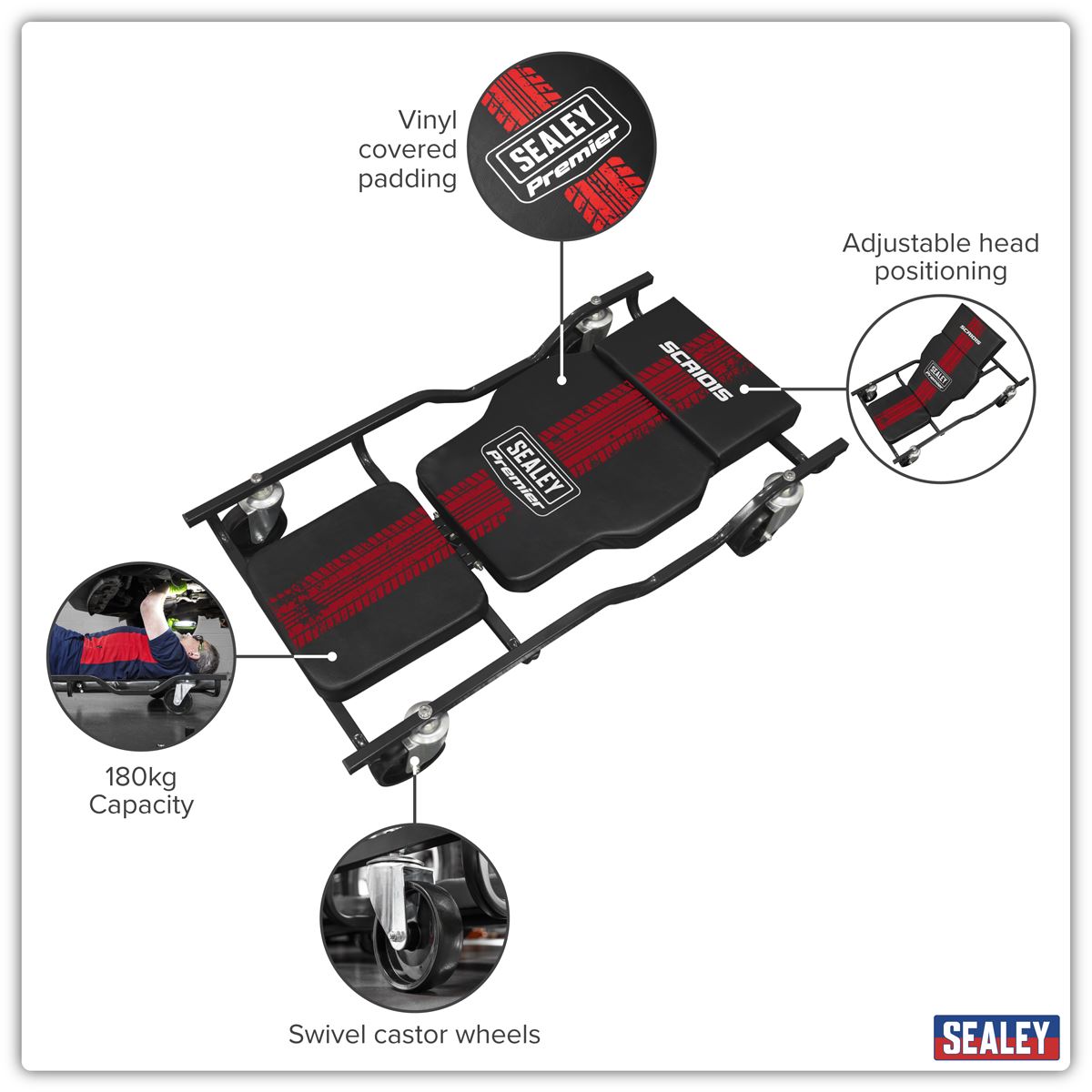 Sealey Steel Creeper with 4 Rough Ground 5" Wheels & Adjustable Back/Headrest